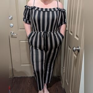 Just Found Multi Color Striped Cold Shoulder Cropped Jumpsuit